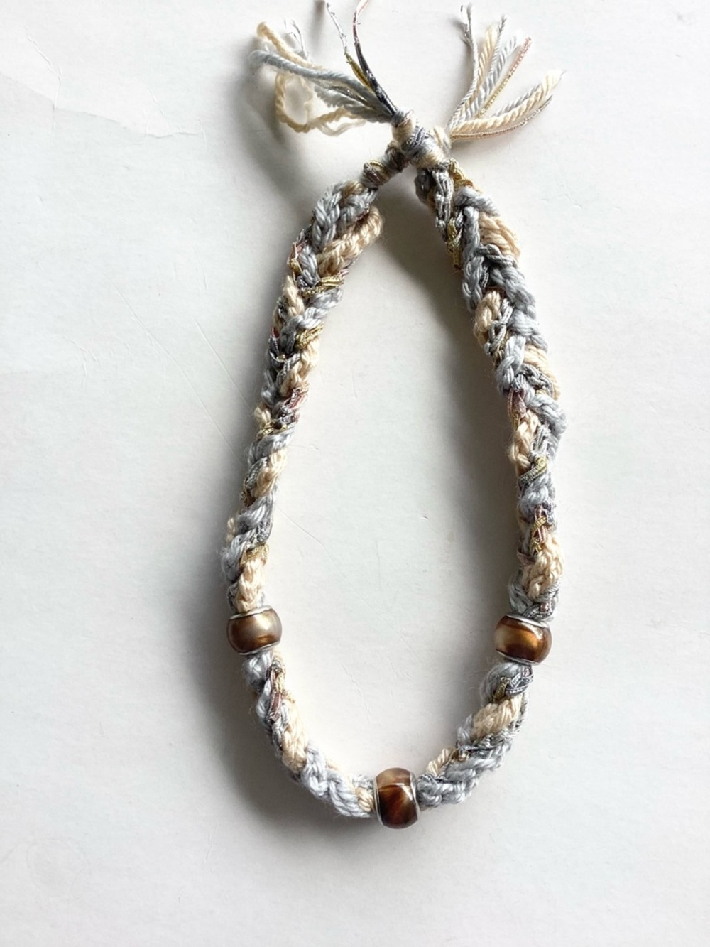 Necklace Hand Crafted Braided Boho Beaded Silver Grey Cream 18” - Picture 4 of 14